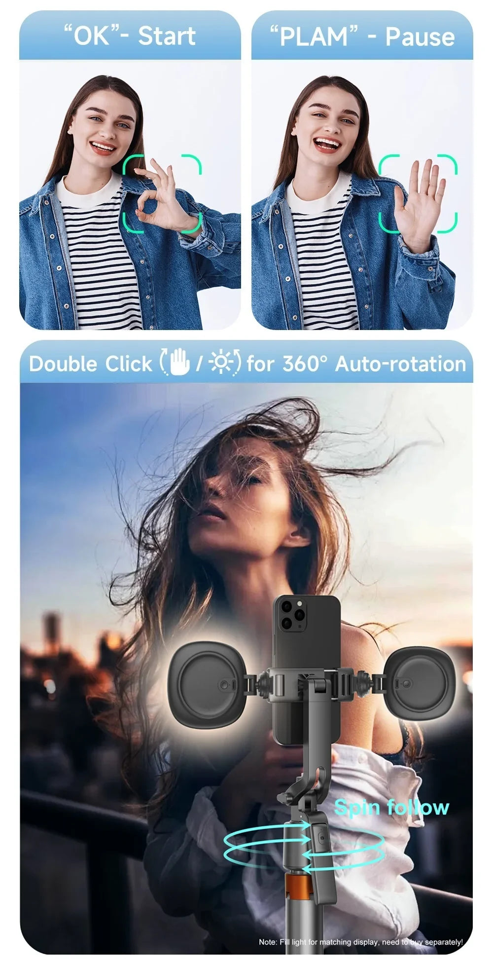 Stabilisateur avec suivi facial intelligent et rotation 360°